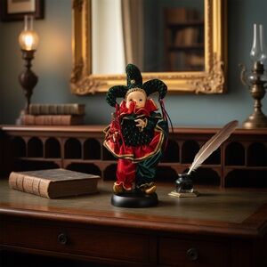 1992 House Of Lloyd Jester/Clown Porcelain Face Doll on a Wood Stand